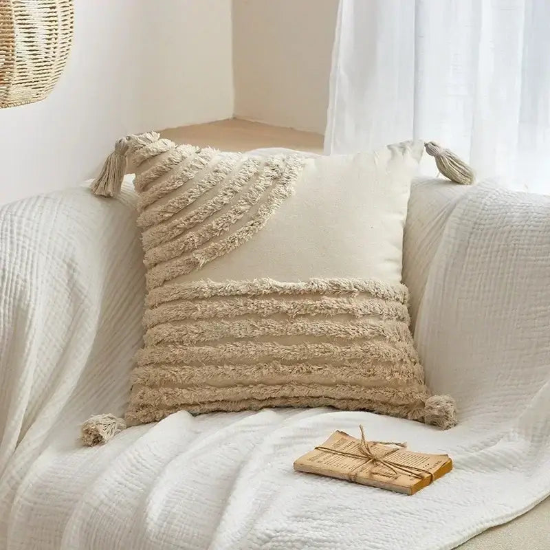 Geometric tufted tassel cushion cover beige & gray living room decor