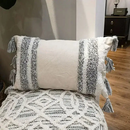 Geometric tufted tassel cushion cover beige & gray living room decor