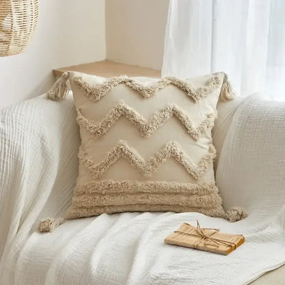 Geometric tufted tassel cushion cover beige & gray living room decor