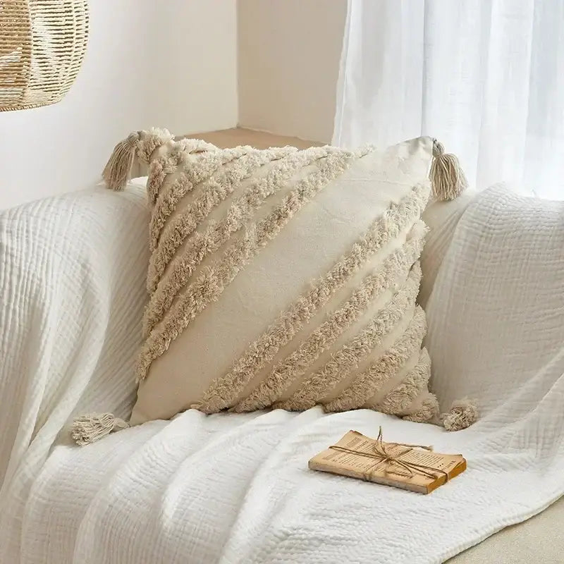 Geometric tufted tassel cushion cover beige & gray living room decor