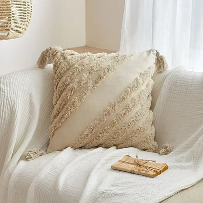 Geometric tufted tassel cushion cover beige & gray living room decor