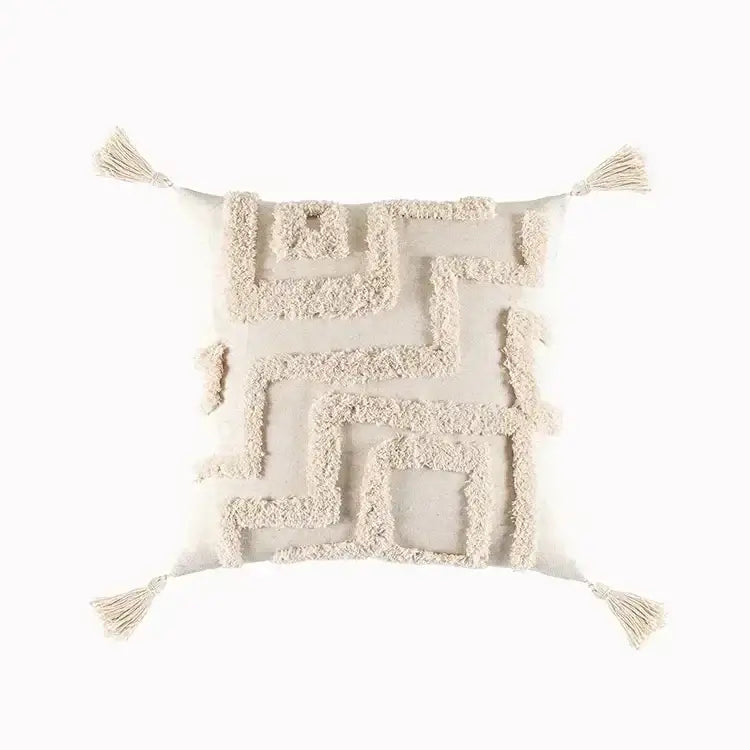 Geometric tufted tassel cushion cover beige & gray living room decor