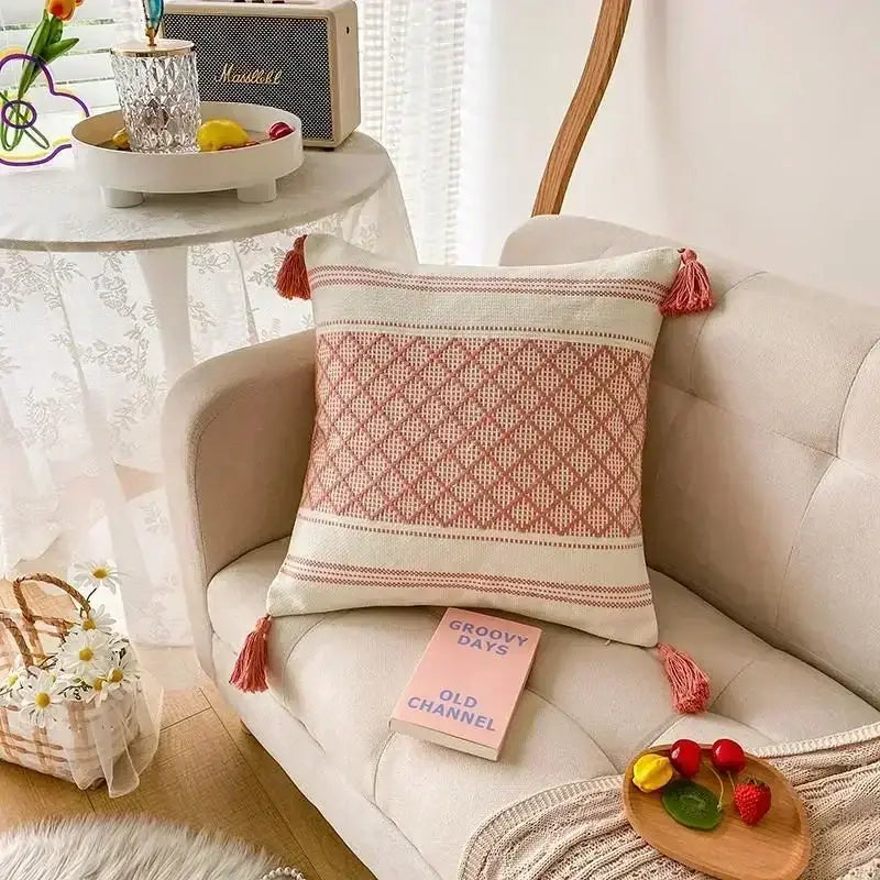 Geometric tufted tassel cushion cover beige & gray living room decor