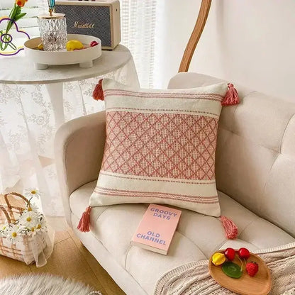Geometric tufted tassel cushion cover beige & gray living room decor