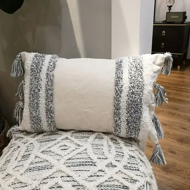 Geometric tufted tassel cushion cover beige & gray living room decor