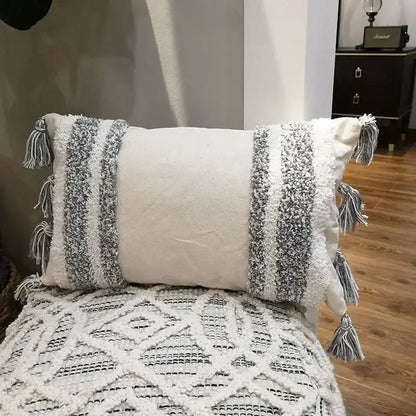 Geometric tufted tassel cushion cover beige & gray living room decor
