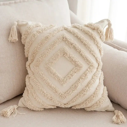 Geometric tufted tassel pillowcases beige cotton linen living room decor