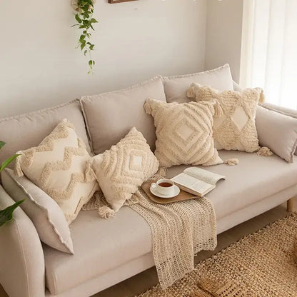 Geometric tufted tassel pillowcases beige cotton linen living room decor