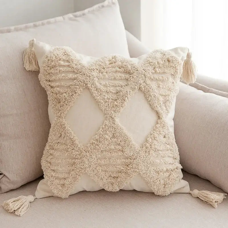 Geometric tufted tassel pillowcases beige cotton linen living room decor