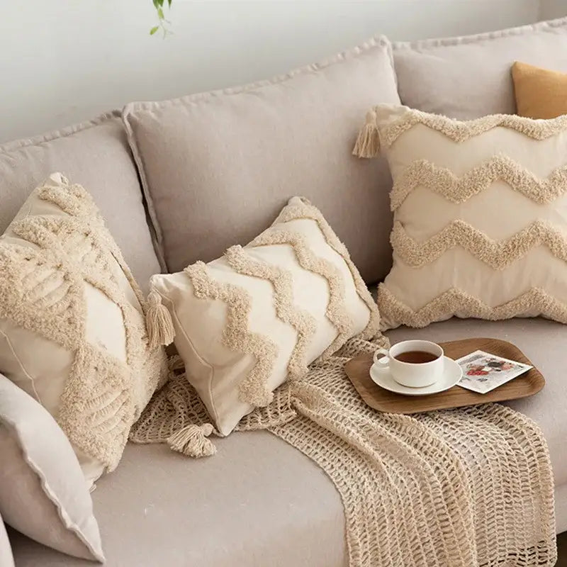 Geometric tufted tassel pillowcases beige cotton linen living room decor