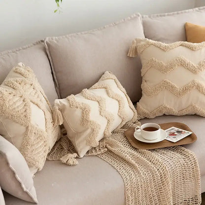 Geometric tufted tassel pillowcases beige cotton linen living room decor