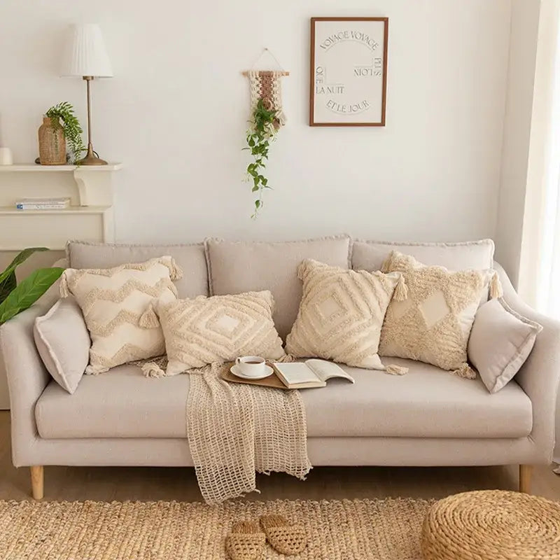 Geometric tufted tassel pillowcases beige cotton linen living room decor