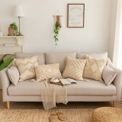 Geometric tufted tassel pillowcases beige cotton linen living room decor