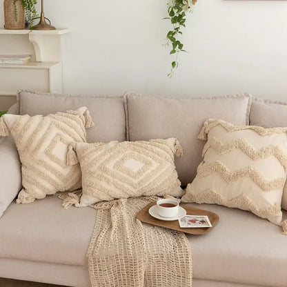 Geometric tufted tassel pillowcases beige cotton linen living room decor