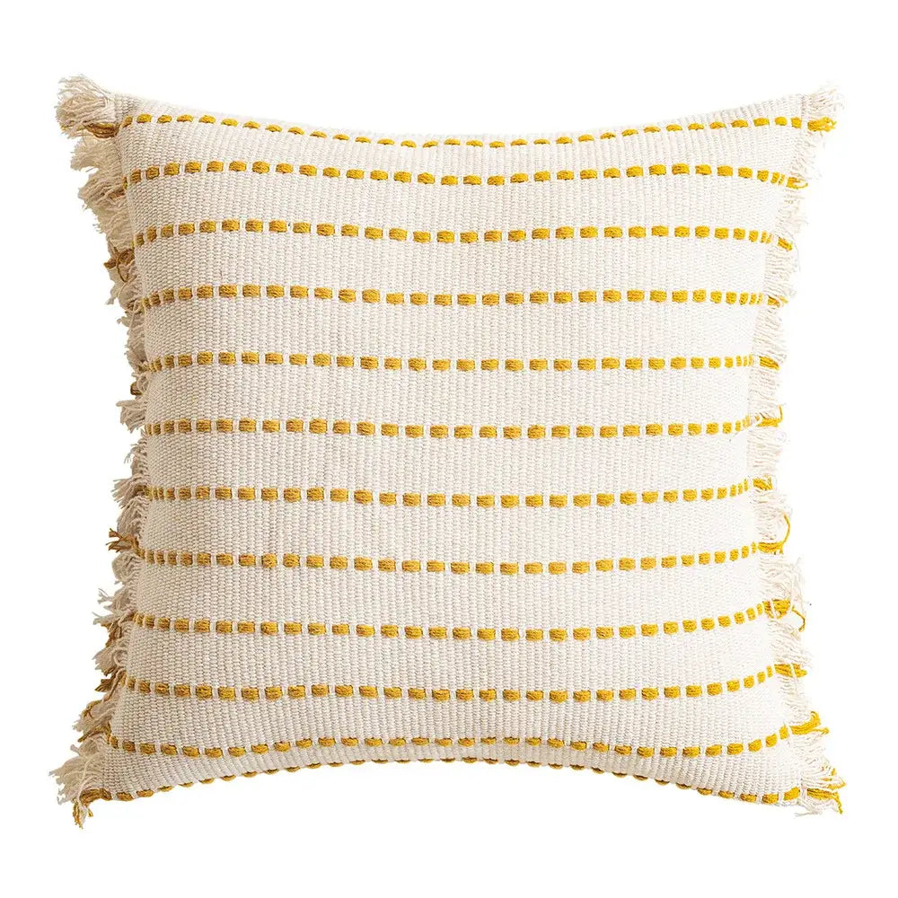 Geometric tufted yellow cushion cover with crochet tassels living room