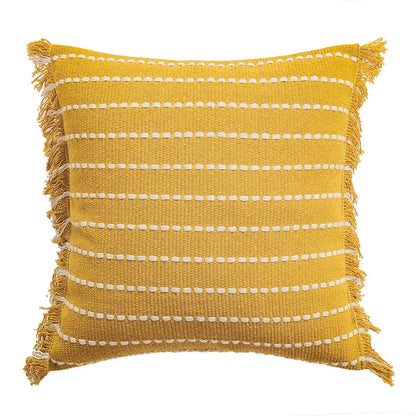 Geometric tufted yellow cushion cover with crochet tassels living room