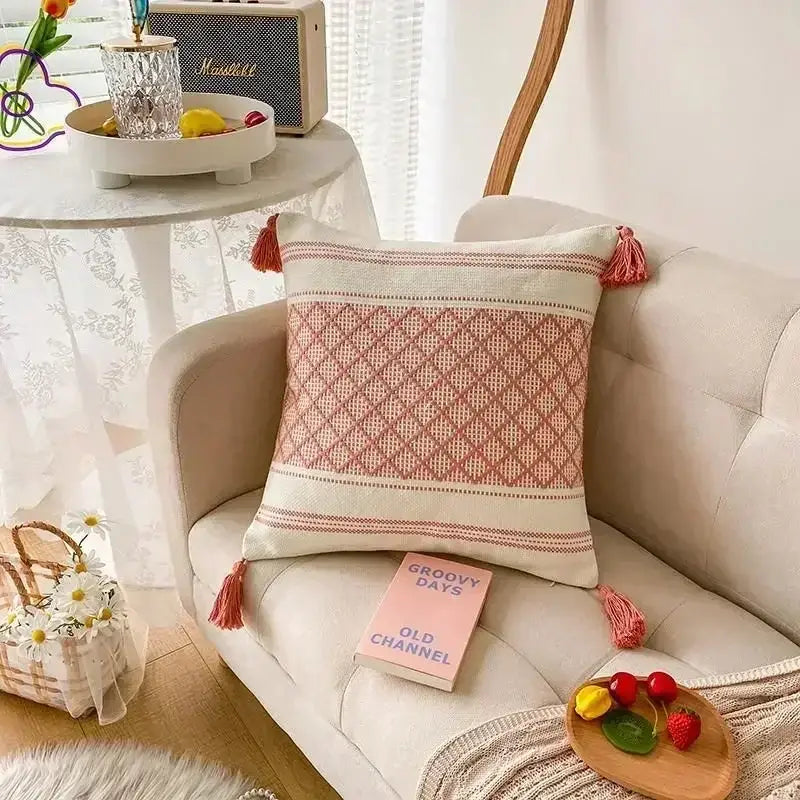Geometric waves tufted cream pillow covers bedroom textured fringe
