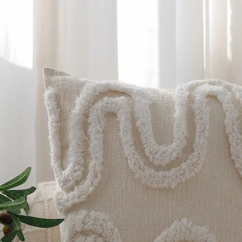 Geometric waves tufted cream pillow covers bedroom textured fringe