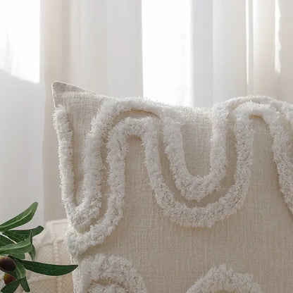 Geometric waves tufted cream pillow covers bedroom textured fringe