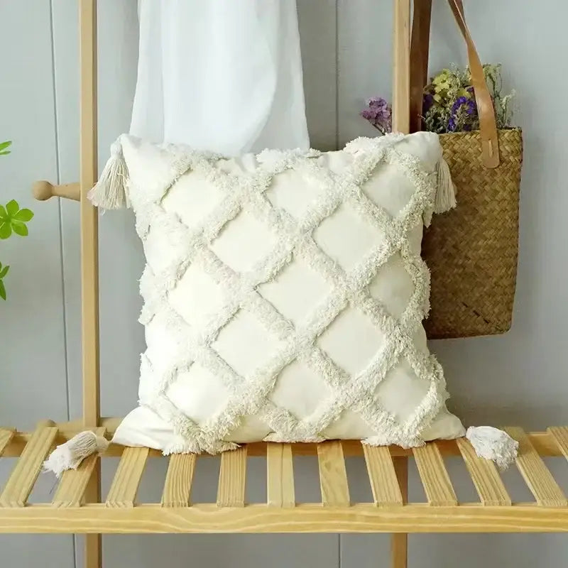 Geometric waves tufted cream pillow covers bedroom textured fringe