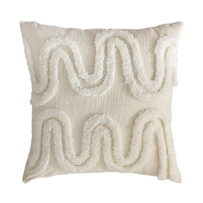 Geometric waves tufted cream pillow covers bedroom textured fringe