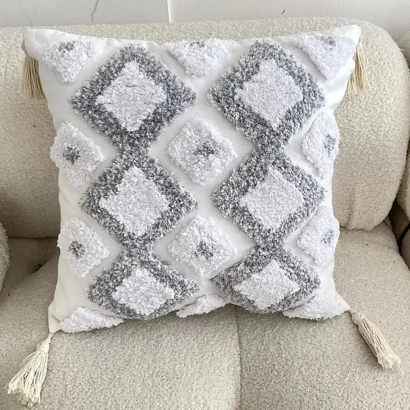 Geometric waves tufted cream pillow covers bedroom textured fringe