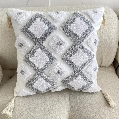 Geometric waves tufted cream pillow covers bedroom textured fringe