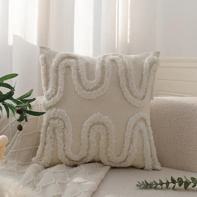 Geometric waves tufted cream pillow covers bedroom textured fringe