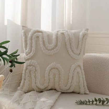Geometric waves tufted cream pillow covers bedroom textured fringe