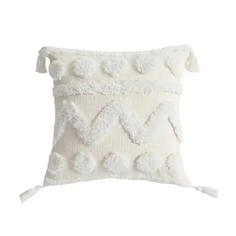 Geometric waves tufted cream pillow covers bedroom textured fringe