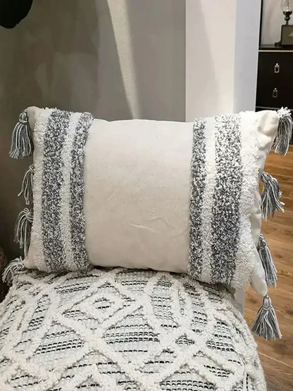 Geometric waves tufted cream pillow covers bedroom textured fringe