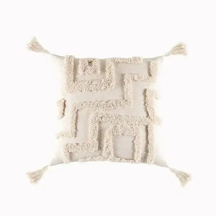 Geometric waves tufted cream pillow covers bedroom textured fringe
