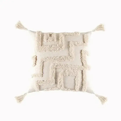 Geometric waves tufted cream pillow covers bedroom textured fringe