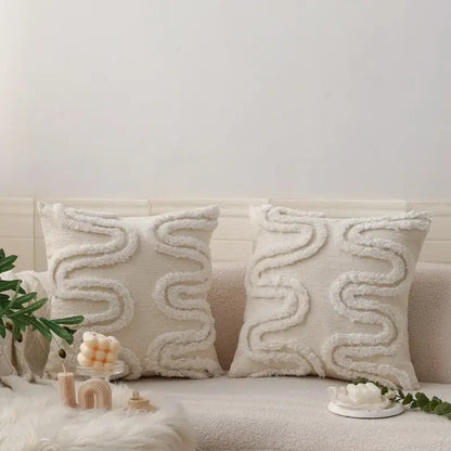 Geometric waves tufted cream pillow covers bedroom textured fringe
