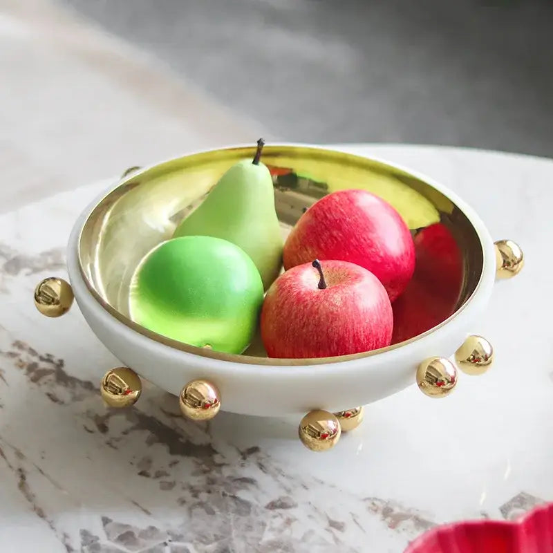Geometric white and gold ceramic fruit bowl round kitchen tray