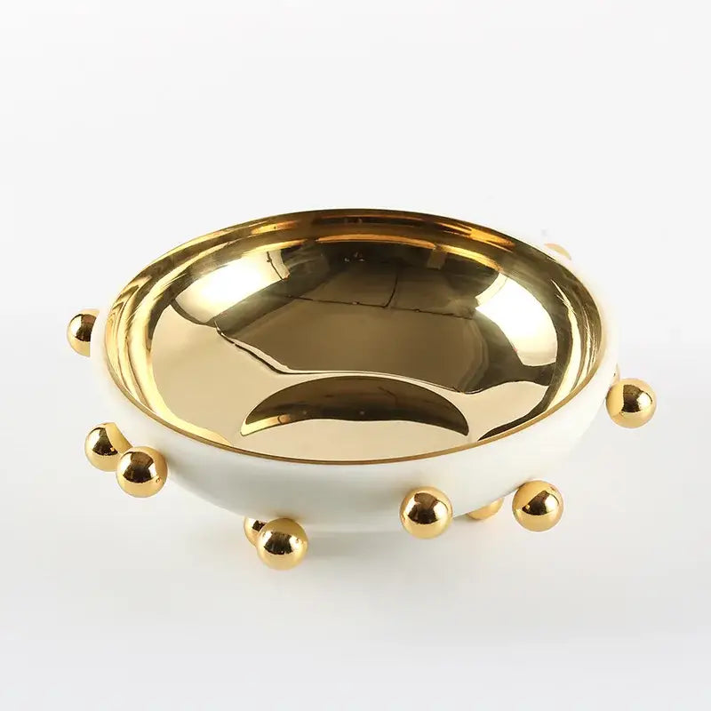 Geometric white and gold ceramic fruit bowl round kitchen tray