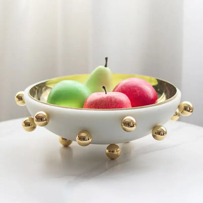Geometric white and gold ceramic fruit bowl round kitchen tray