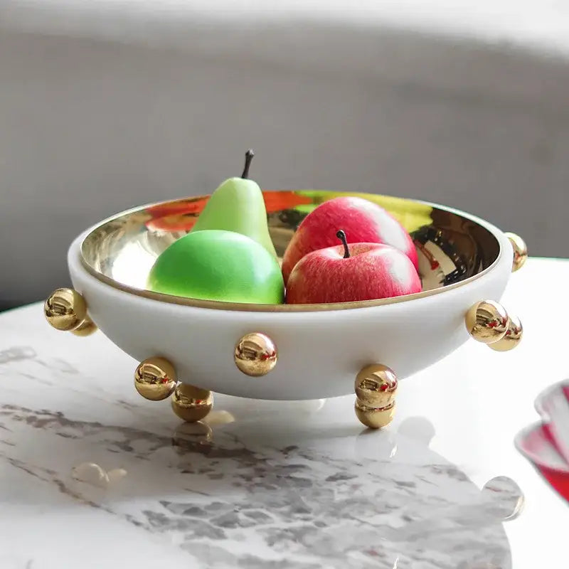 Geometric white and gold ceramic fruit bowl round kitchen tray