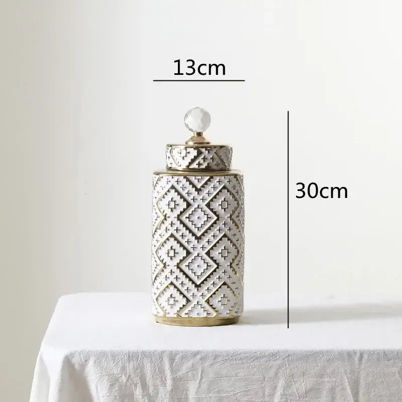 Geometric white and golden relief decorative jar kitchen canister
