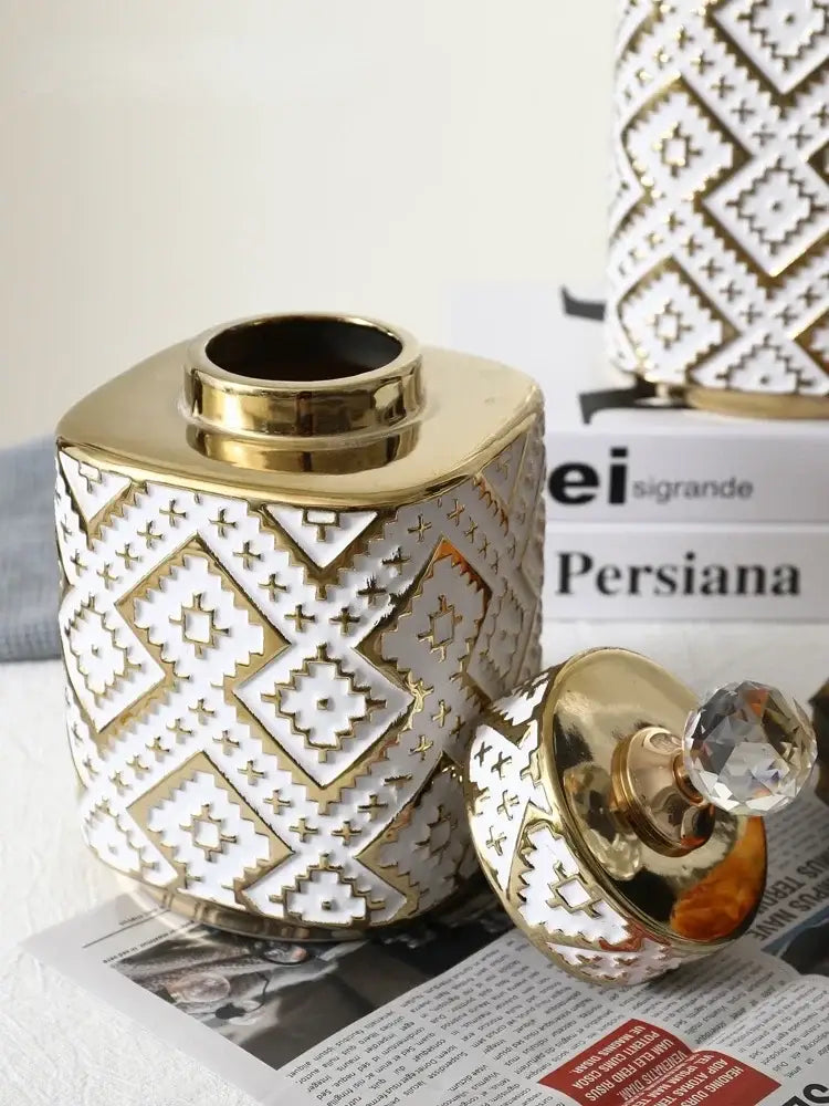 Geometric white and golden relief decorative jar kitchen canister