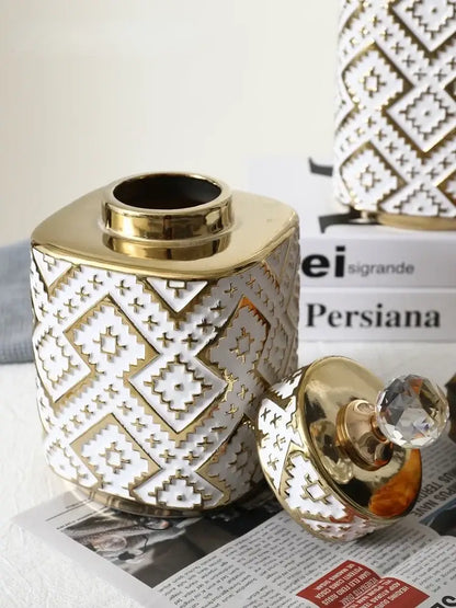 Geometric white and golden relief decorative jar kitchen canister