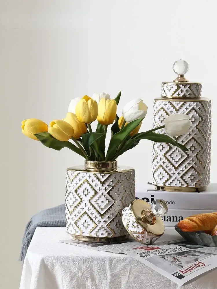 Geometric white and golden relief decorative jar kitchen canister
