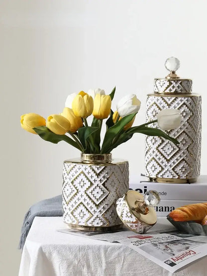 Geometric white and golden relief decorative jar kitchen canister