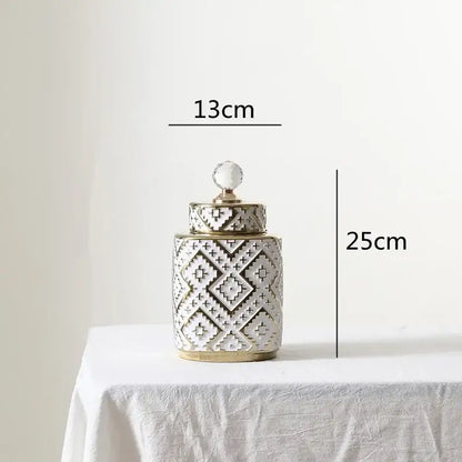 Geometric white and golden relief decorative jar kitchen canister