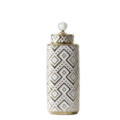 Geometric white and golden relief decorative jar kitchen canister