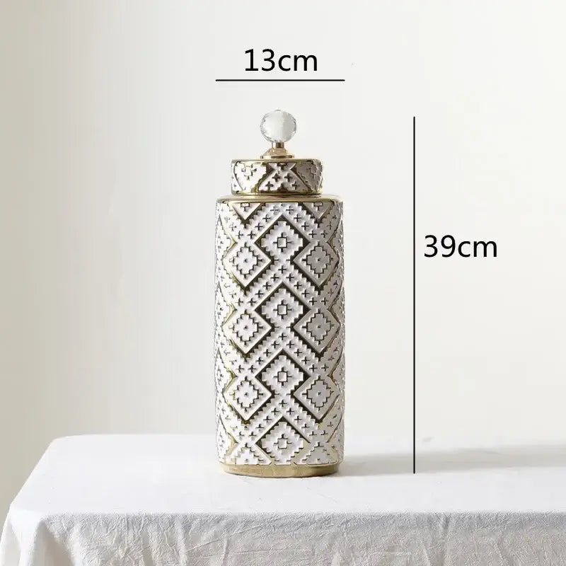 Geometric white and golden relief decorative jar kitchen canister