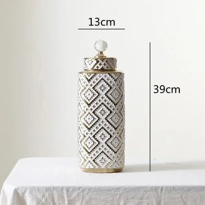 Geometric white and golden relief decorative jar kitchen canister