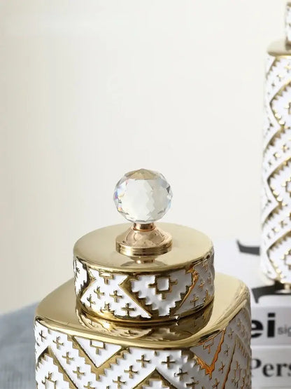 Geometric white and golden relief decorative jar kitchen canister
