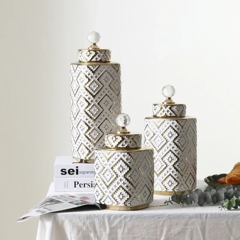 Geometric white and golden relief decorative jar kitchen canister