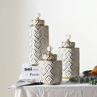 Geometric white and golden relief decorative jar kitchen canister